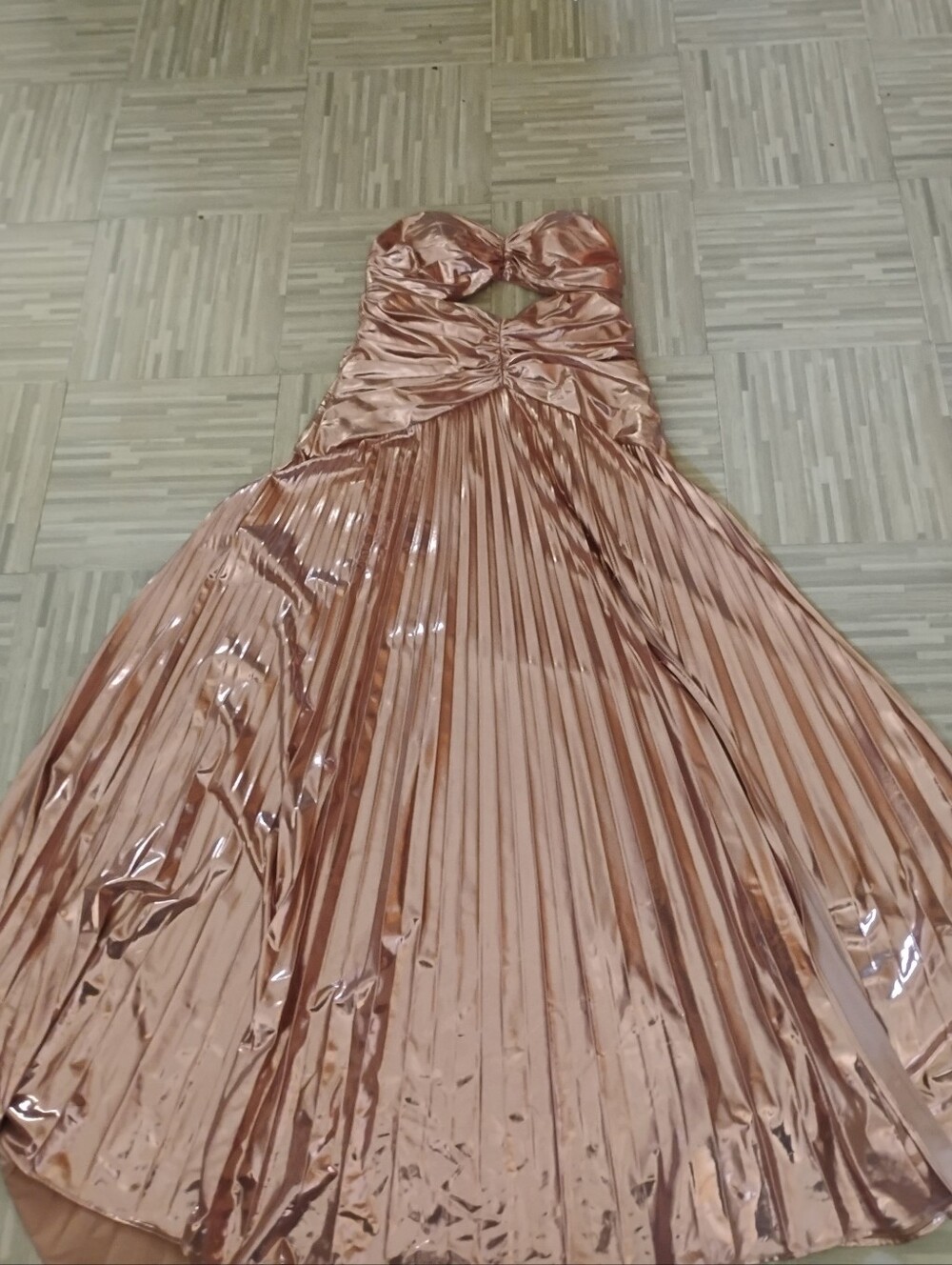 Strapless Metallic Rose Prom Gown with Pleated Skirt